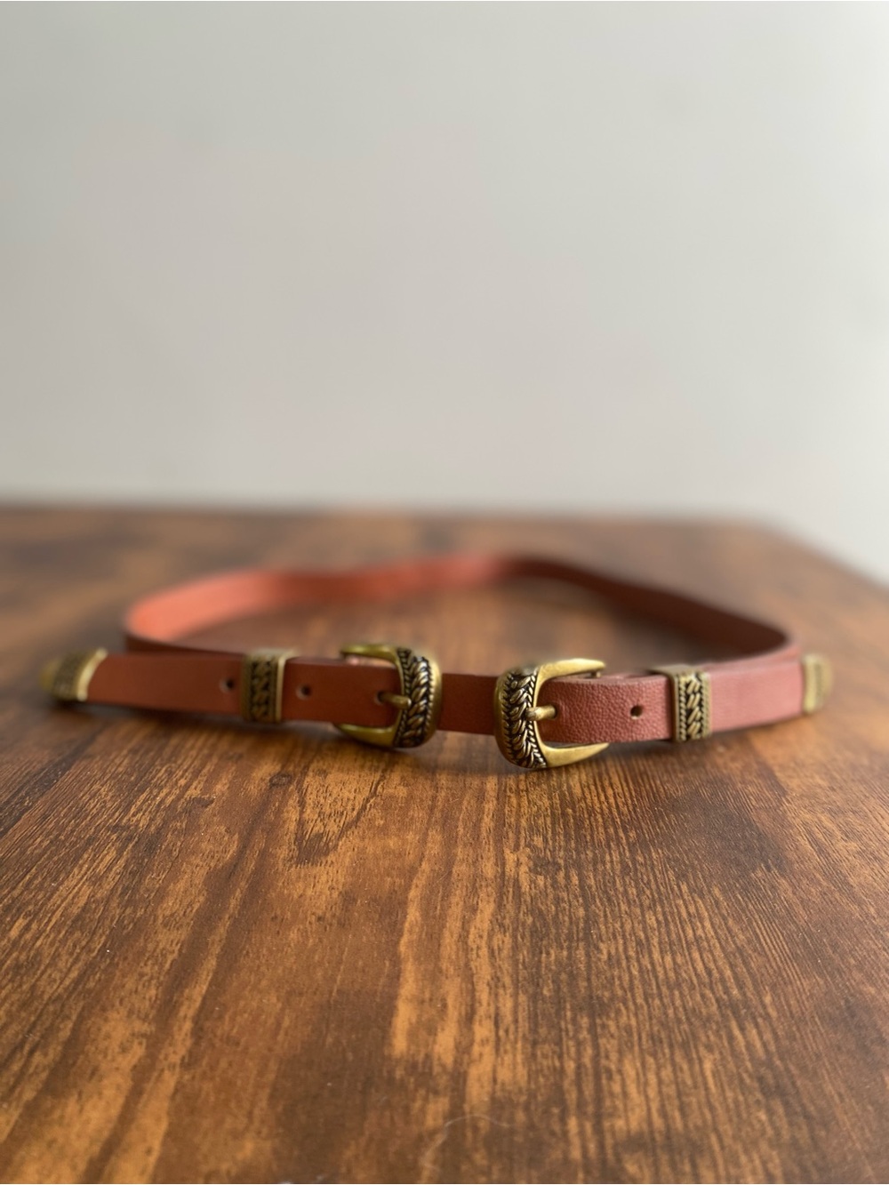 Women's Double Buckle Brown Leather Waist Belt with Brass Accents
